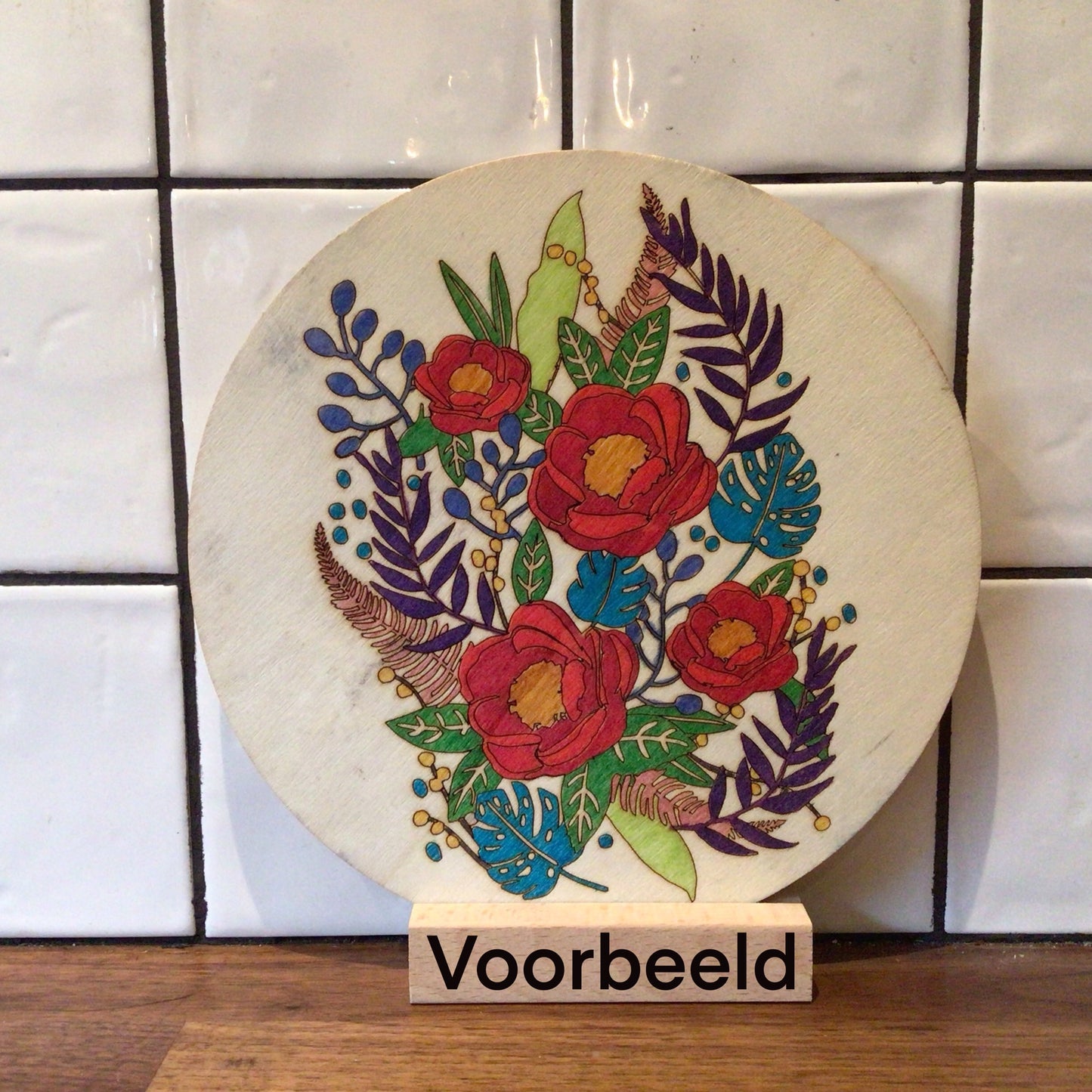 Houten kleurplaat bloem/vlinder